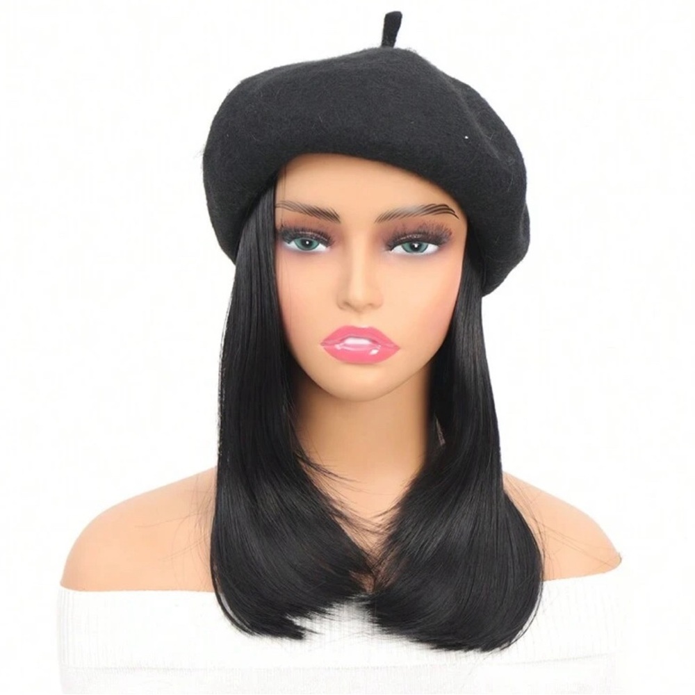 Classic French Fashion Hat Wig Beret Attached 16" Synthetic Straight - Picture 2 of 4